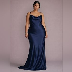 Size 26 navy/midnight/marine satin/silky cowl neck fitted sheath gown NWT